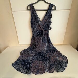 Tommy Hilfiger Navy Paisley Symmetrical Flare Midi Dress w/Tie Size 10 NWT